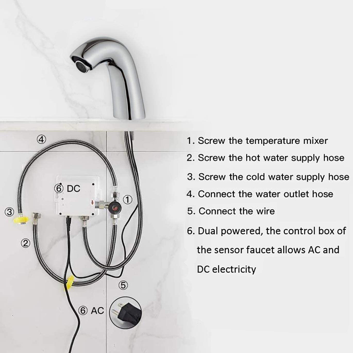 صنبور حوض الحمام الكروم بدون لمس بمستشعر تلقائي مع صندوق التحكم وخلاط درجة الحرارة