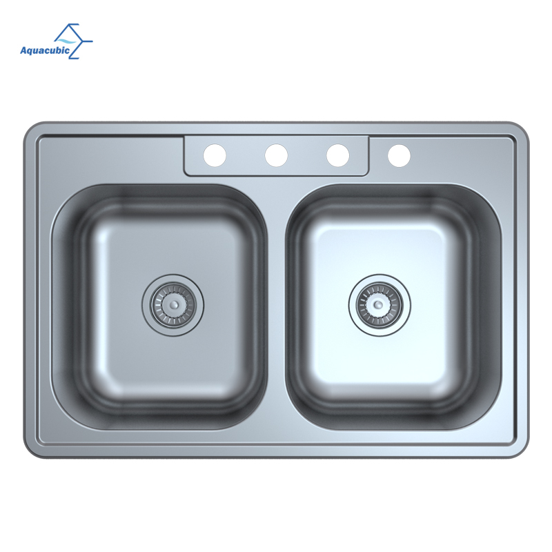 مثبت علوي مزدوج مثبت في حوض مطبخ مستطيل الشكل من الفولاذ المقاوم للصدأ