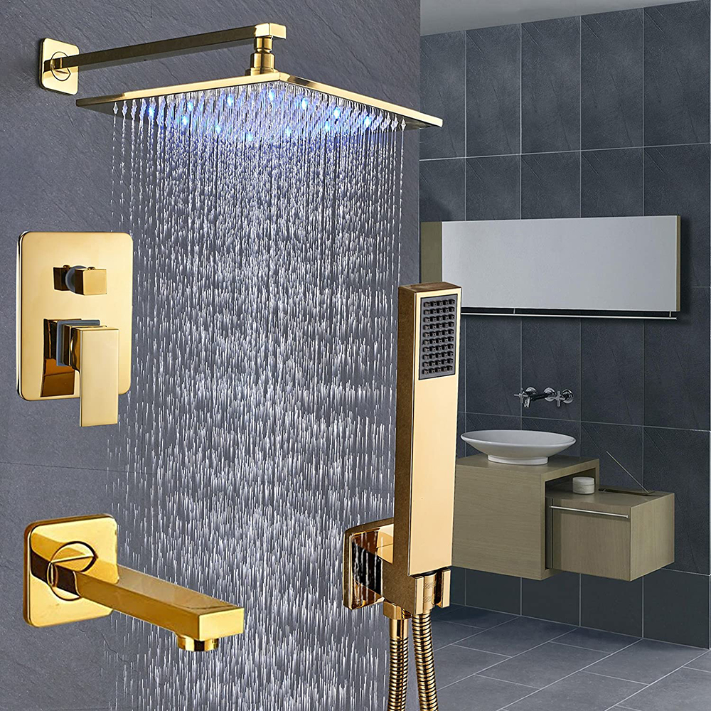 نظام صنبور دش حوض الاستحمام باللون الذهبي المصقول ، مجموعة دش مطري للحمام مع مجموعة كومبو محمولة باليد ، صنبور حوض