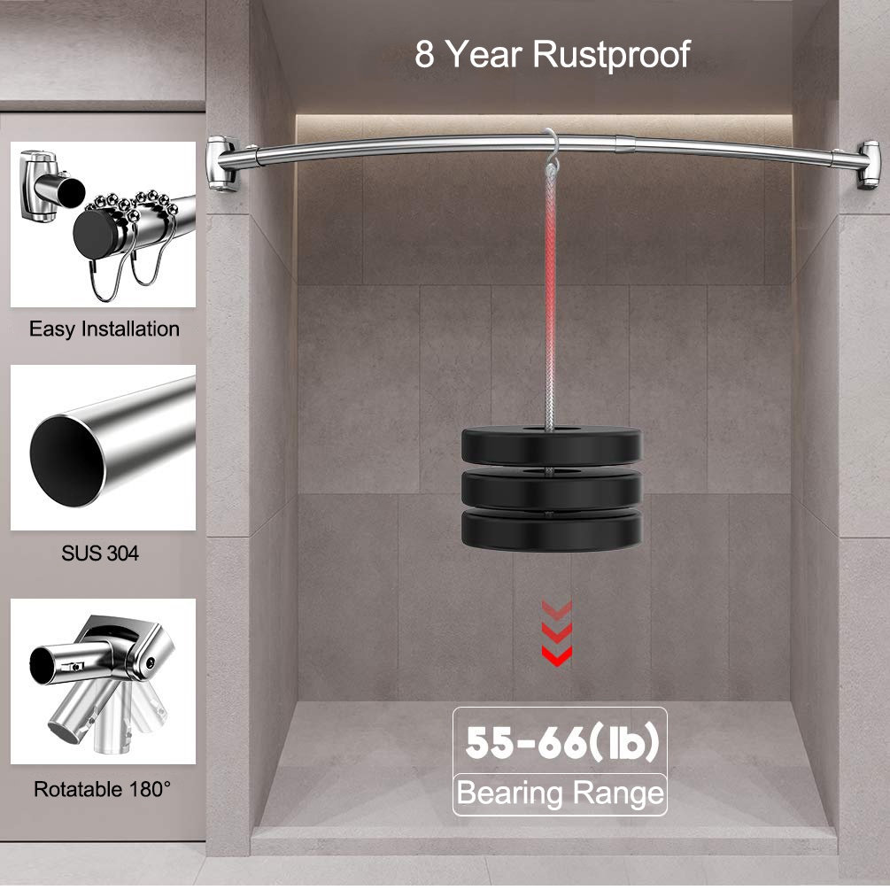 قضيب ستارة الحمام المنحني القابل للتعديل بتصميم متداخل يضيف مساحة ويتكيف من 50 بوصة إلى 72 بوصة