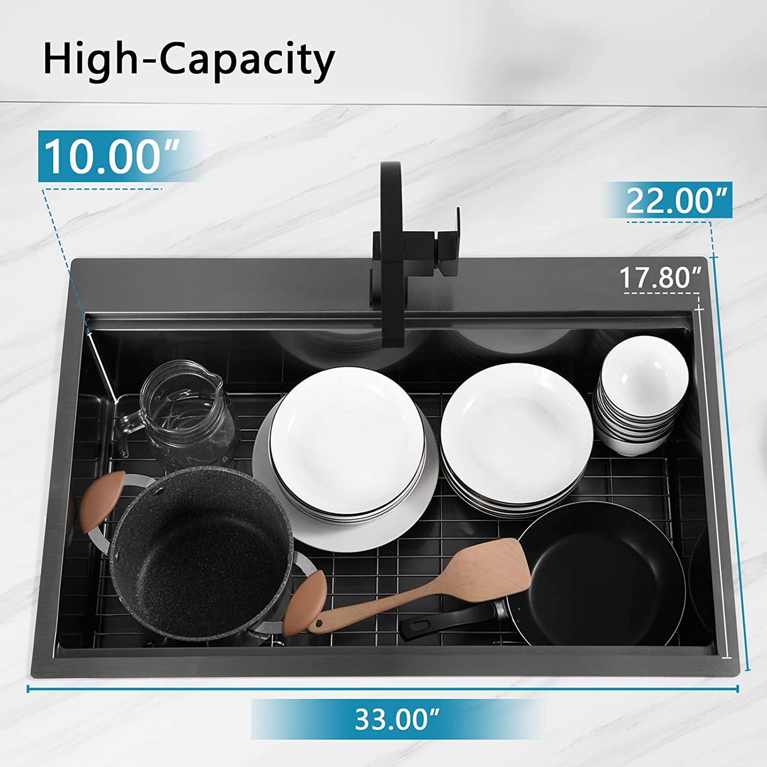 مصنع عالي الجودة cUPC Topmount 33 بوصة × 22 بوصة حوض مطبخ مصنوع يدويًا من الفولاذ المقاوم للصدأ باللون الأسود نانو